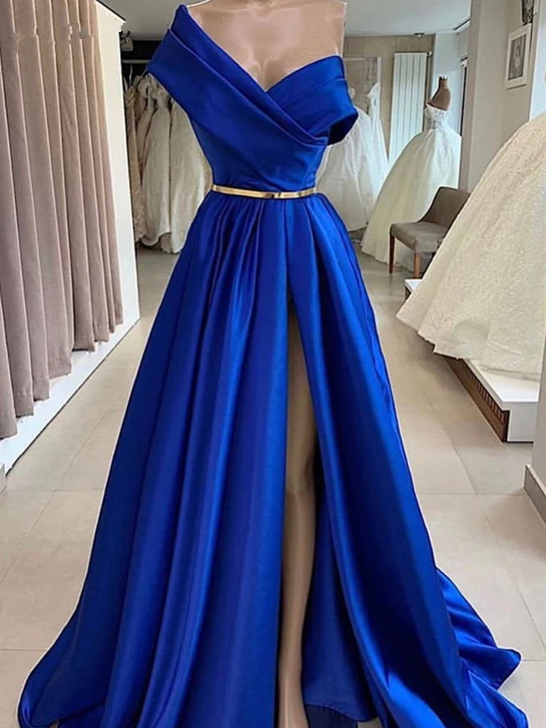 P1532 Royal Blue Long Evening Dresses With Slit Formal Pageant Gowns