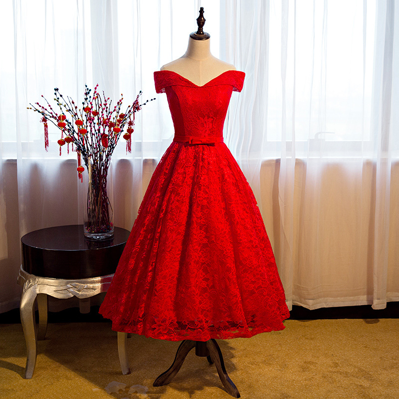 H1542 Tea Length Lace Red A Line Formal Dresses, Featuring Off The Shoulder And Lace-up Back