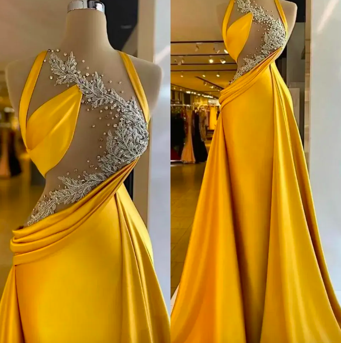 P1549 2023 Gold Mermaid Prom Dresses With Overskirt Crystals Beaded Illusion Top Satin Custom Made Ruched Evening Party Gowns Vestidos Formal