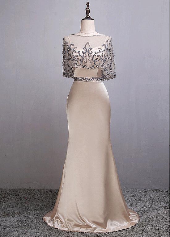 P1551 Modest Stretch Satin & Tulle Spaghetti Straps Neckline Sheath/column Evening Dresses With Beaded Embroidery & Detachable