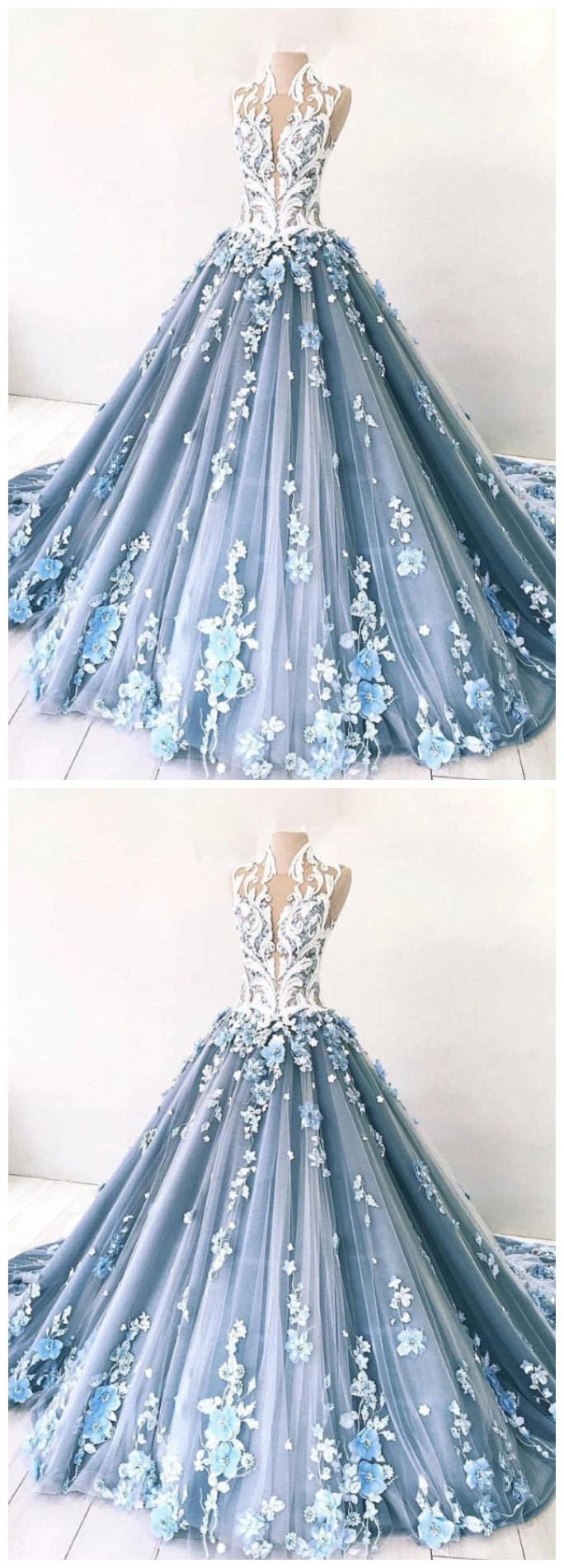 P1553 Unique High Neck Tulle Lace Long Prom Dress Blue Tulle Lace Evening Dress