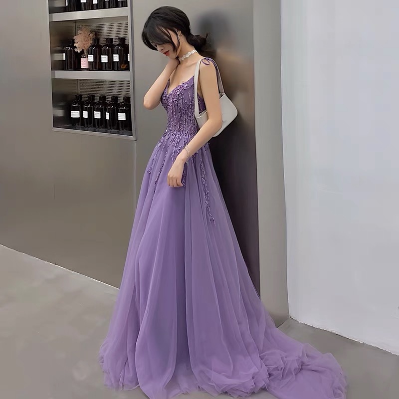 P1572 Purple Lace Long Prom Dress A Line Evening Gown