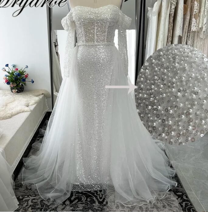 W1576 Off The Shoulder Luxury Pearls Beading Sparkling Wedding Dresses Removable Sleeves Bridal Gowns With Detachable Train