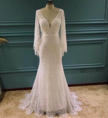 W1579 Plunging V Neck Boho Chic Lace Wedding Dress Open Back Bohemian Bridal Gowns With Capes
