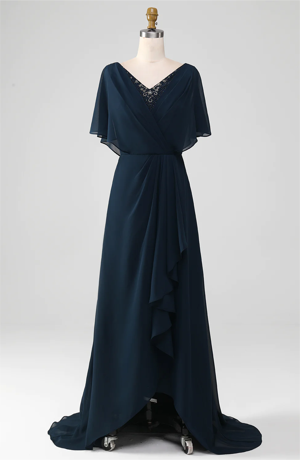 P1604 Prom Dress,Navy A-Line V-Neck Asymmetrical Sequins Mother of The Bride Dress with Beading
