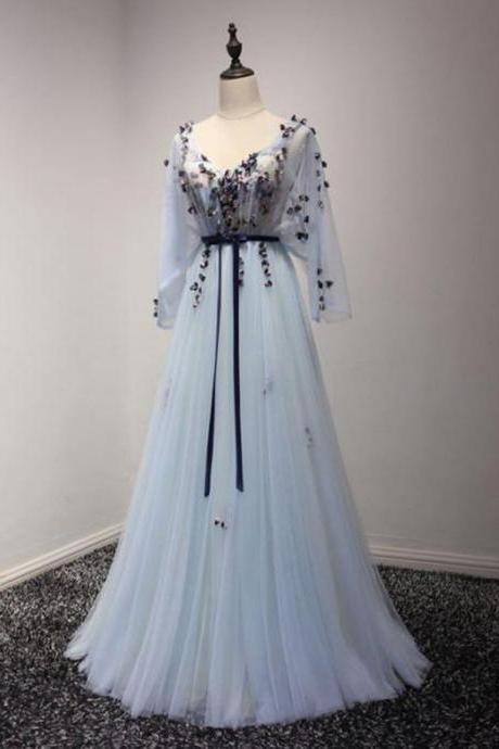 Chic Open Back Prom Dresses, Long Sleeve, A-line, V-neck Prom Dresses,blue Tulle Appliques Prom Dresses.p05