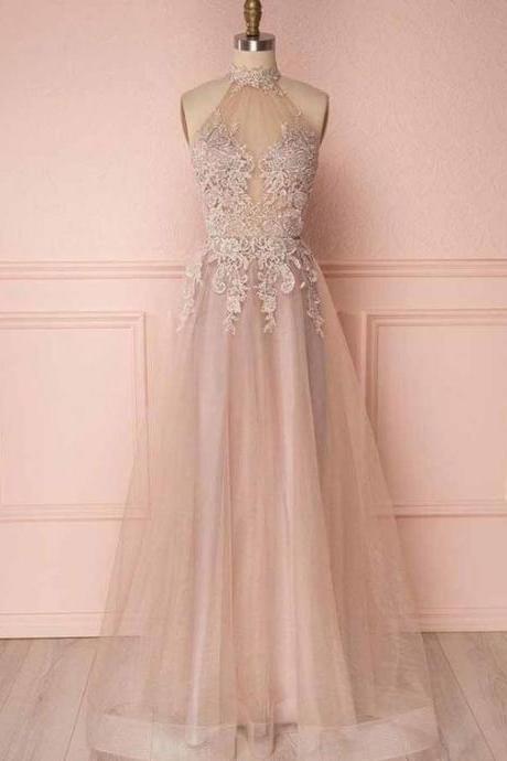 Champagne Prom Dresses,tulle Halter Prom Dress.p09