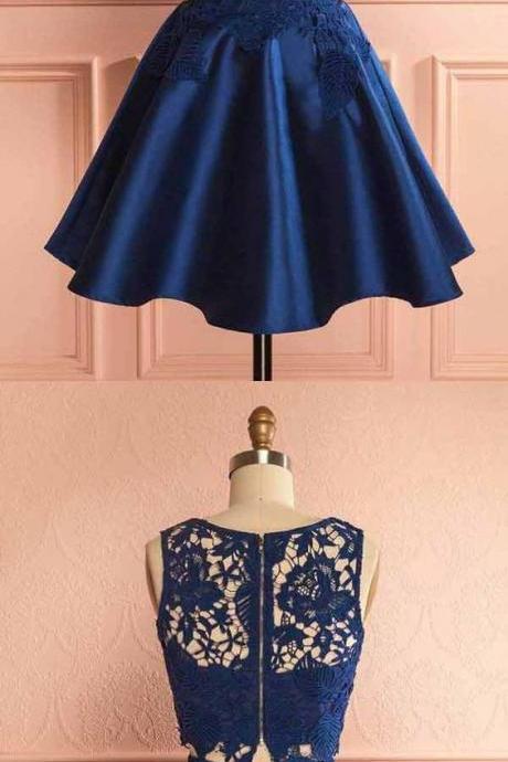 Royal Blue Short Two Pieces Homecoming Dress,Sleeveless Appliques Lace Homecoming Dress.PH24