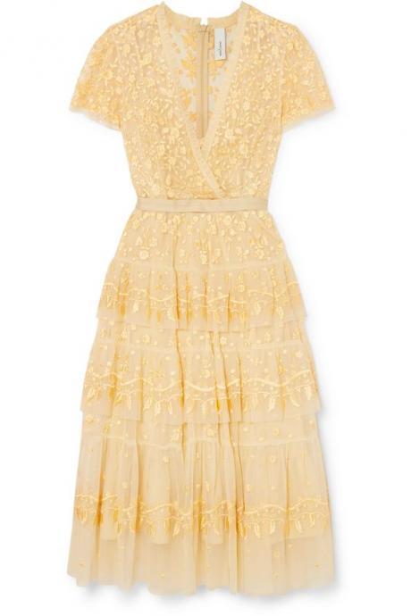 V neck tiered embroidered tulle midi dress.Yellow appliques homecoming dress.MD40