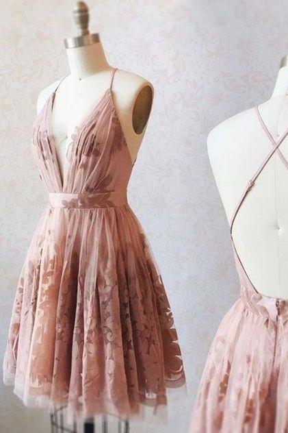 A Line Deep V Neck Mini Dress With Lace.mn44