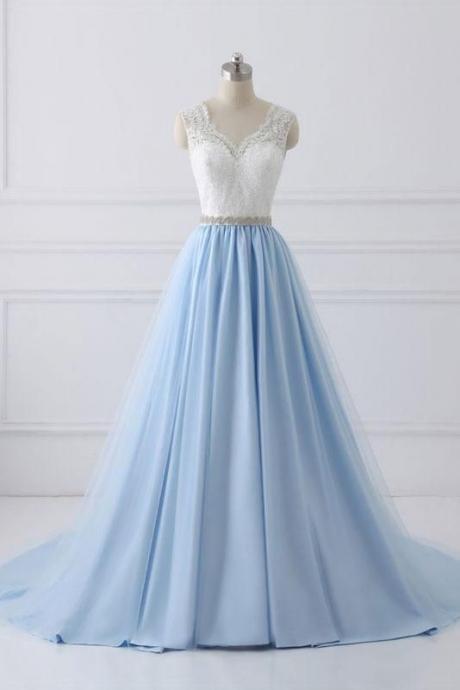 Elegant Blue A-line Long Prom Dresses,Charming Sleeveless Backless Prom Dresses,Evening Dresses.P50