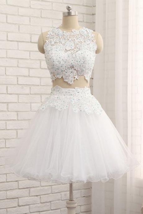 White Tulle Short Two Pieces Homecoming Dress, Lace Appliques Prom Dress ,sexy Formal Evening Dress,custom Made.mn60