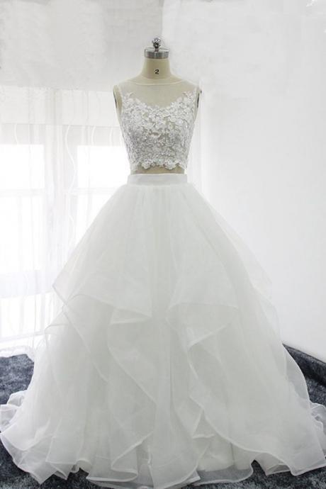 Two Pieces Sleeveless Lace Applique Wedding Dresses,A Line Bridal Gown.W61