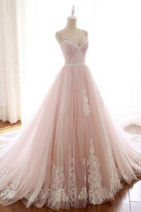 Charming Spaghetti Tulle A-line Prom Dress,pink Lace-up Back Prom Dress .p63