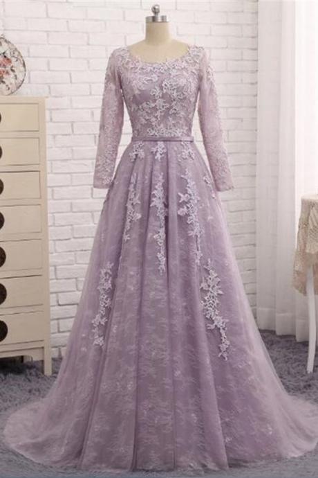 Light Purple Evening Dress Formal Party Gown,round Collar Lace Prom Dress.ls77