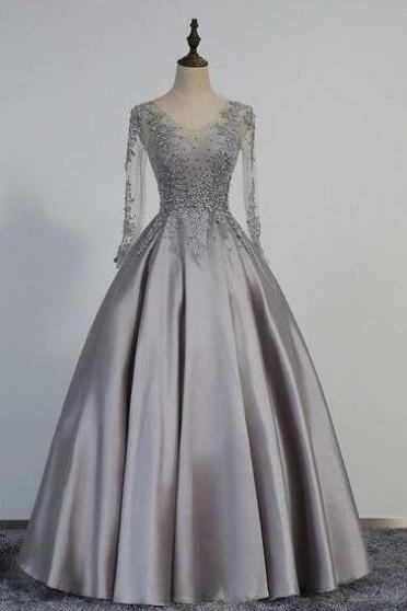 Gray Satin V Neck Long Senior Prom Dress With Sleeves, Long Beaded Evening Dress.ls78