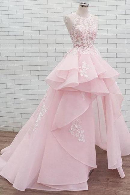 Pink Round Neck Lace Long Prom Dress, Sweet Appliques Party Dresses.hl78
