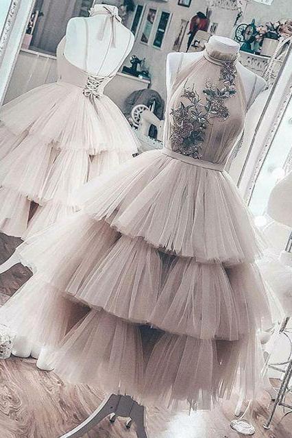 Cute tulle lace short prom dress,Sleeveless homecoming dress.MN80