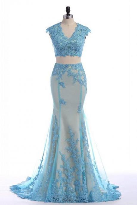 Ice blue evening gowns,custom made prom,organza lace applique two pieces mermaid train evening dress.TP83