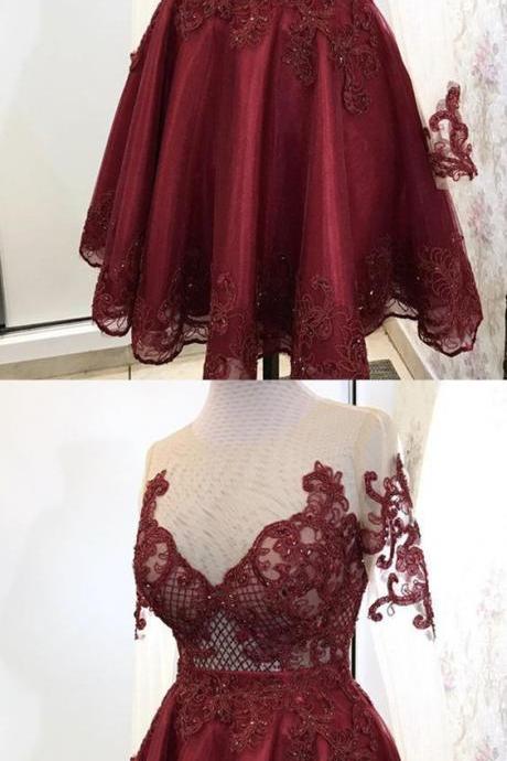 Elegant Burgundy Tulle Homecoming Dresses Lace Long Sleeves.mn84