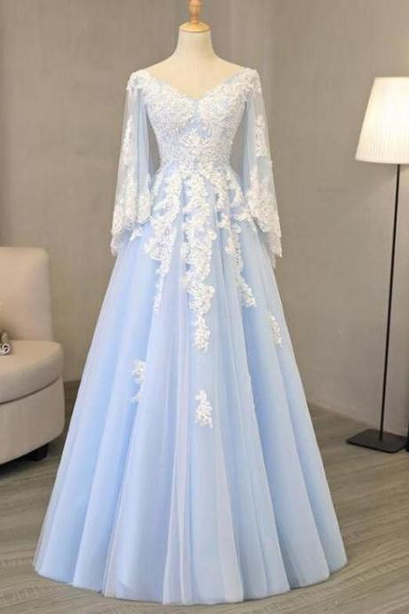 V Neck Light Blue Tulle Prom Dress,lace Appliques A-line Evening Gowns .ph92