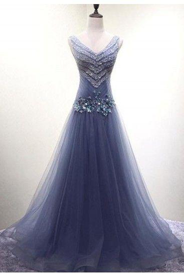 Elegant V-neck Prom Dresses, Floor Length Tulle Evening Dresses,Blue Sleeveless Evening Dresses.P95