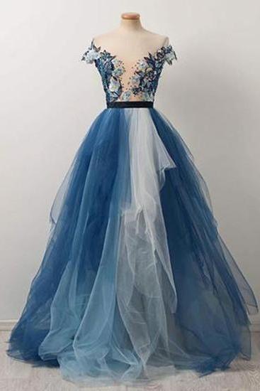 Blue tulle lace applique long prom dresses, blue A-line evening dresses.P106