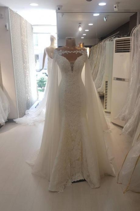Charming Mermaid Wedding Dress With Detachable Cloak,Chic Appliques Lace Bridal Gown.W114