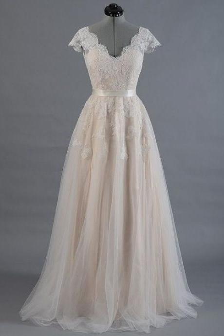 Boho Wedding Dresses With Cap Sleeves,v Neck Lace Bridal Dresses.w115