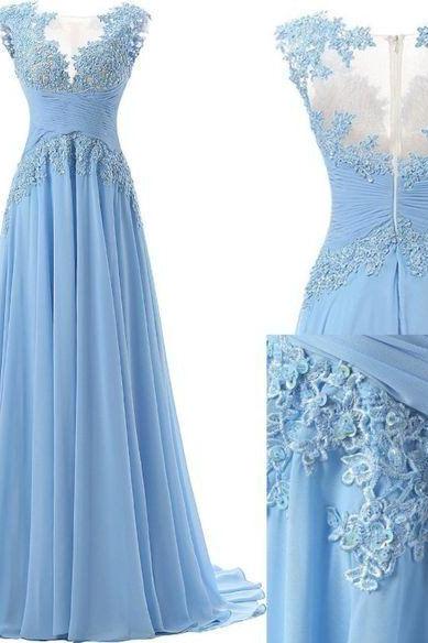 Chic A-line Sweep Train Appliques Chiffon Prom Dresses,Charming Sleeveless Light Blue Prom Dresses.P162