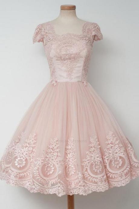 Cute A-Line Square Collar Appliques Evening dresses,Cap Sleeves Pearl Pink Tulle Homecoming Dresses.MN183