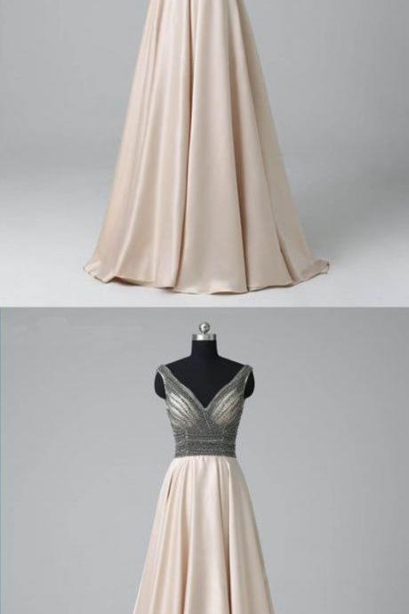 Champagne Satin V Neck Long Prom Dress, Charming Sleeveless Evening Dress,simple Open Back Prom Dress.p185