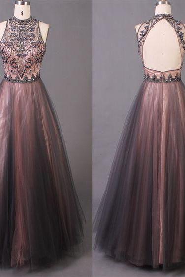 Sleeveless Beading Long Party Dresses,charming A-line Tulle Evening Dresses,sexy Open Back Party Dresses.pt192