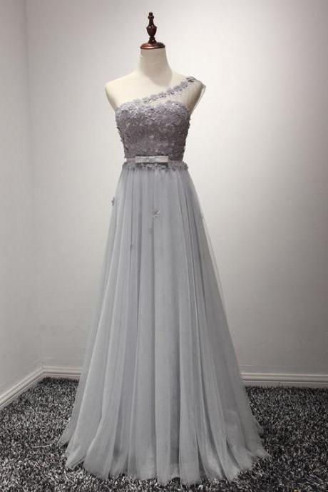 Gray One Shoulder Grecian Prom Formal Dresses,elegant Appliques Organza Evening Dresses.f196