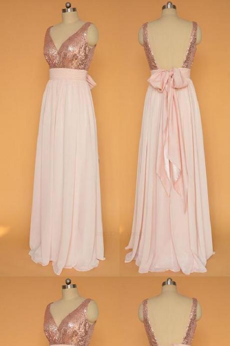 Pink Chiffon Long Bridesmaid Dresses,sleeveless Open Back Bridesmaid Dresses,sparkle V-neck Bridesmaid Dresses.wb199
