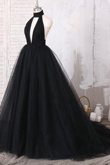 Sexy Open Back Formal Prom Dresses,black High Neck Puffy Tulle Ball Gown,charming Sleeveless Tulle Prom Evening Dress.p203