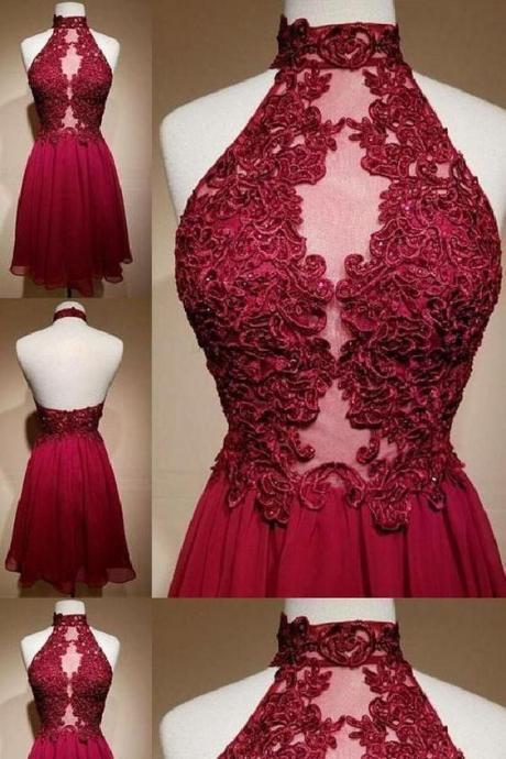 Red A-line Lace Prom Dress,charming Appliques High Collar Homecoming Dresses,sexy Off The Shoulder Short Tulle Prom Dresses.mn207