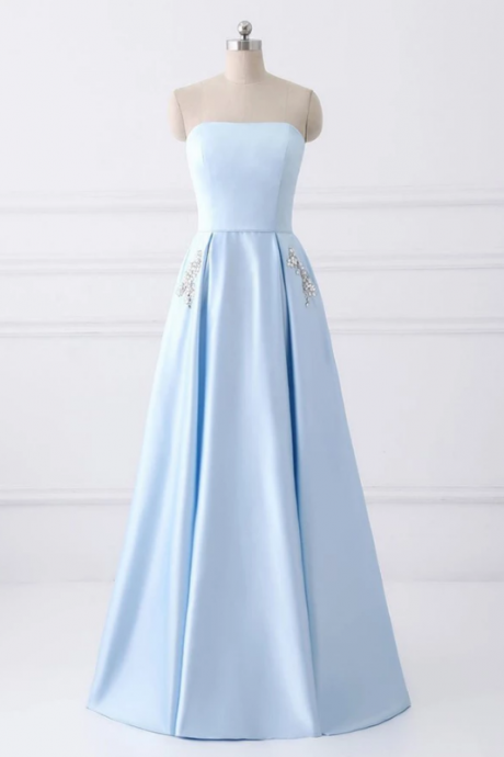 Light Blue A Line Floor Length Strapless Prom Dress,charming Sleeveless Satin Prom Dress, Chic Beading Prom Dress.p243