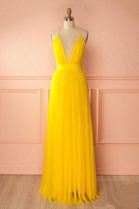 Yellow A Line Tulle Homecoming Dresses,beautiful Floor Length Evening Dresses,charming Spaghetti Strap Prom Dresses.ph261