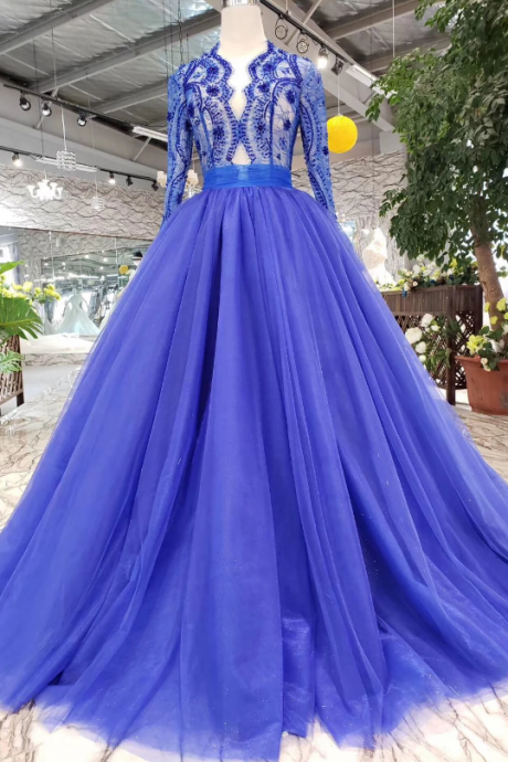 Elegant Blue Long Sleeves V Neck Tulle Formal Prom Dresses,beautiful Beading Tulle Formal Evening Dresses.f348