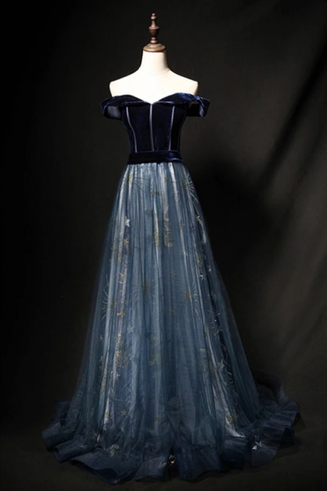 Elegant Off-the-shoulder Velvet Prom Dress,chic Floor Length Tulle Evening Dress,prom Dress.p378