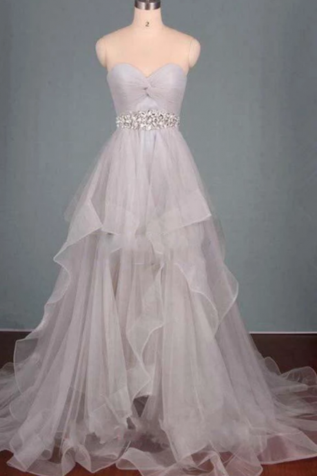 Gray A-line Layered Court Train Tulle Prom Dress,sweetheart Sleeveless Mid Back Ruffles Off-the-shoulder Prom Dress.p379