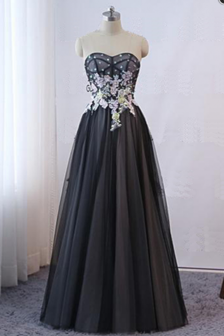 Charming Sweetheart Tulle Custom Strapless Prom Dress,A-Line Floor Length Lace Applique Evening Dress.P405