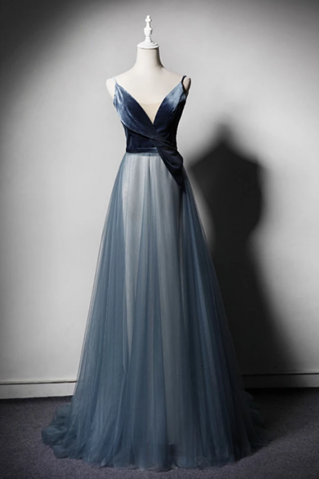 Simple A-Line Tulle Velvet V-Neck Senior Prom Dresses,Elegant Sleeveless Open Back Prom Dresses.P439