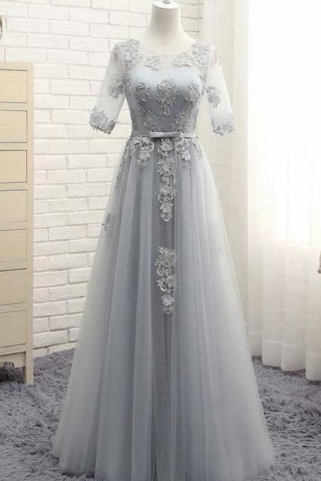 Floor Length Prom Dress, Half Sleeve Prom Dress, Lace Up Back Prom Dress, Grey Prom Dress,appliques Tulle Formal Prom Dress.p463