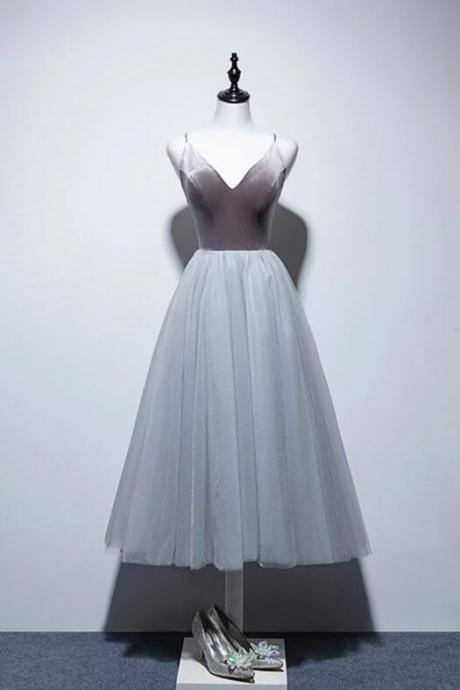 Gray mid length formal dress,charming spaghetti straps evening dress,v-neck velvet prom dress,A-line tulle prom dress.MD471