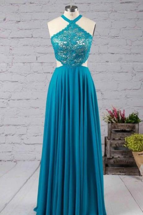 Blue Prom Dress,a-line Chiffon Prom Dress,halter Sleeveless Prom Dresses,floor Length Prom Dress.p478