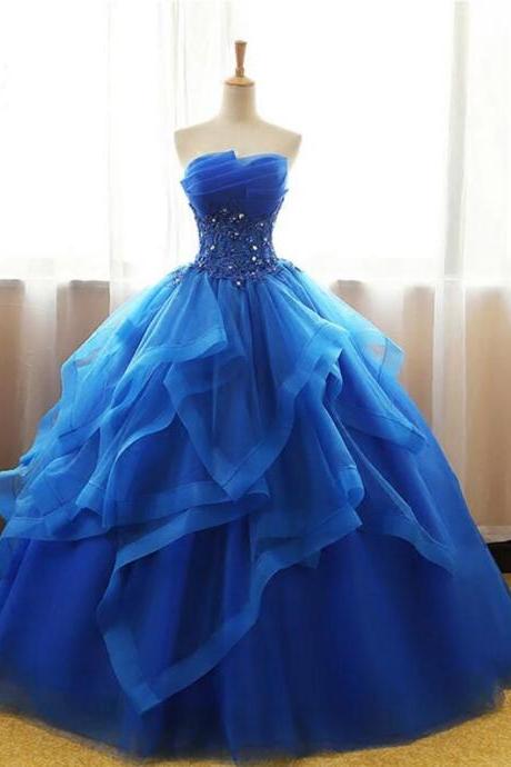 Royal Blue Sweetheart Prom Dress,strapless Tulle Ball Gown,sleeveless Prom Dresses,floor Length Prom Dress.p481