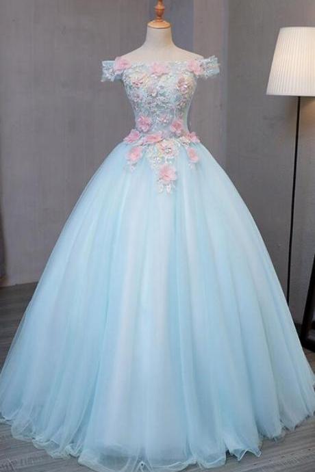 Sky Blue Prom Dress,beautiful Appliques Prom Dress,off-shoulder Prom Dress,floor Length Ball Gown.p483