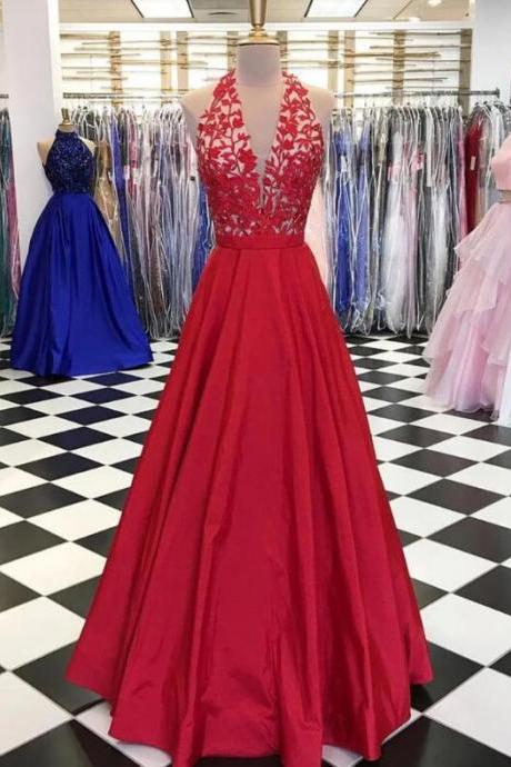 Red Satin Prom Dresses,a-line Floor-length V-neck Evening Dresses,sleeveless Lace Appliques Prom Dresses.r485